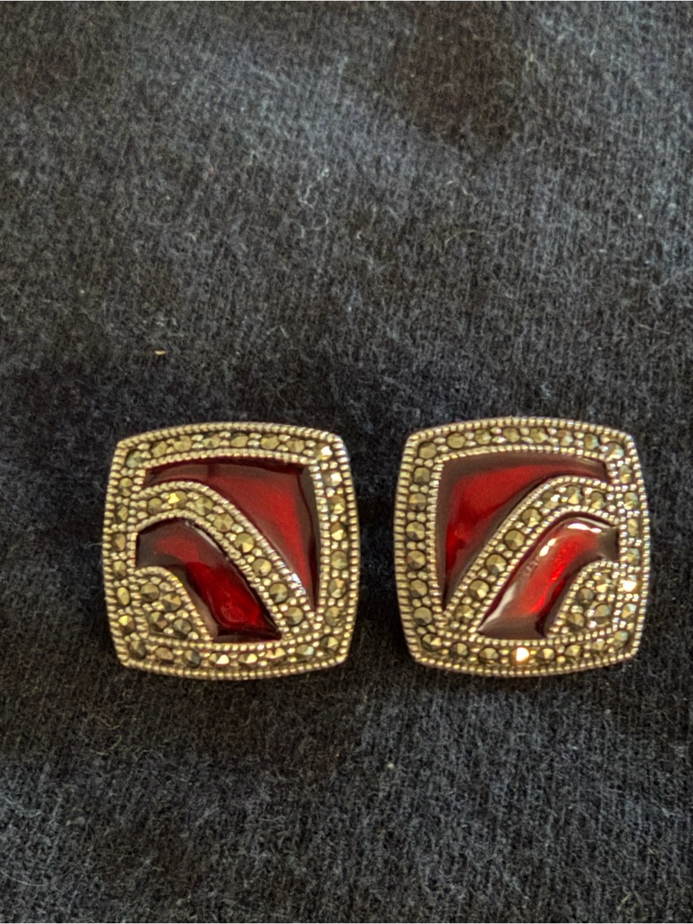 Vintage style Red Enamel and Marcasite Square sterling silver Clip-On Earrings